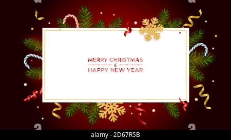 Weihnachtshintergrund mit realistischen Kiefernästen und glitzernden goldenen Schneeflocken, Bonbons, Serpentin. Vorlage für Weihnachten und Neujahr Poster Stock Vektor