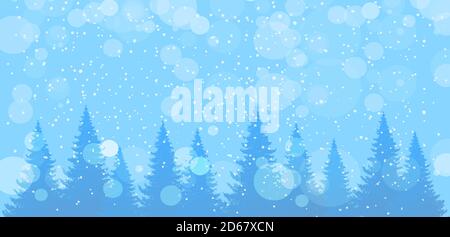 Schneefall im Winterwald. Moderner saisonaler Hintergrund, blaues Banner mit Kopierfläche. Landschaft mit Pinien und Tannen, verschneiten Himmel. Vektorgrafik Stock Vektor