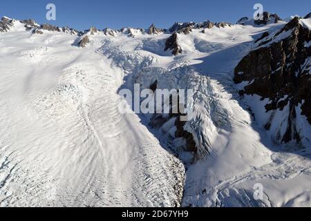 Franz Josef Glacier, einem Gletscher schmelzen aufgrund des Klimawandels, Franz Josef, Südinsel, Neuseeland Stockfoto