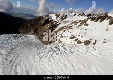 Franz Josef Glacier, einem Gletscher schmelzen aufgrund des Klimawandels, Franz Josef, Südinsel, Neuseeland Stockfoto