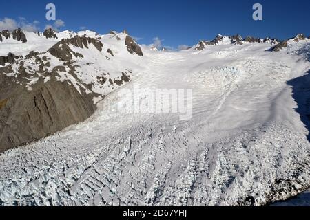 Franz Josef Glacier, einem Gletscher schmelzen aufgrund des Klimawandels, Franz Josef, Südinsel, Neuseeland Stockfoto