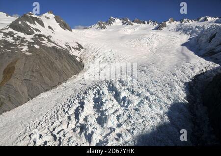 Franz Josef Glacier, einem Gletscher schmelzen aufgrund des Klimawandels, Franz Josef, Südinsel, Neuseeland Stockfoto