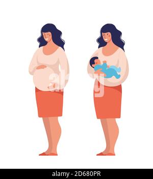 Schwangere Frau vor und nach der Geburt, niedliche stehende Charakter für Mutterschaft und Schwangerschaft Design. Cartoon flache Vektor-Illustration isoliert auf weiß. Stock Vektor