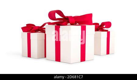 Weihnachtsgeschenke weiße Boxen mit rotem Band gebunden. Geburtstagsgeschenk mit Liebe. Frohe Festlichkeit präsent. 3D-Rendering Stockfoto