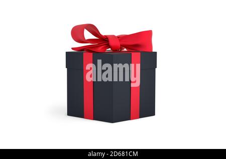 Weihnachtsgeschenk schwarze Box mit rotem Band gebunden. Geburtstagsgeschenk mit Liebe. Frohe Festlichkeit präsent. 3D-Rendering Stockfoto