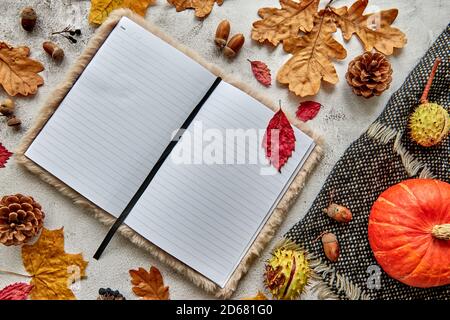 Herbst, Herbst oder halloween Komposition aus getrockneten Blättern, Kürbis, Tannenzapfen, Eicheln, warmem Schal und Hand mit Tasse Kaffee auf betonem Hintergrund Stockfoto