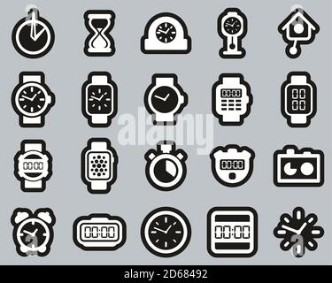 Uhr Oder Uhr Icons Weiß Auf Schwarz Sticker Set Groß Stock Vektor
