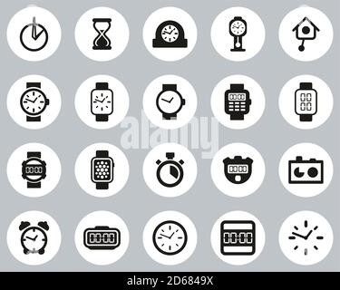 Uhr Oder Uhr Symbole Schwarz & Weiß Flat Design Kreis Groß Einstellen Stock Vektor