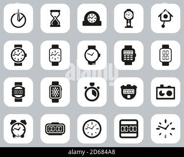 Uhr Oder Uhr Icons Schwarz & Weiß Flat Design Set Groß Stock Vektor