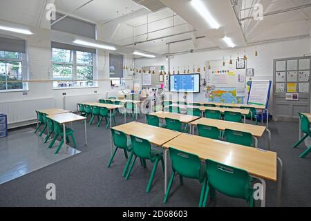 Neu renoviertes viktorianisches Schulzimmer mit Schreibtischen nach vorne gerichtet. Traditionelles Layout während der Covid-Pandemie von 2020 wieder eingeführt. Stockfoto