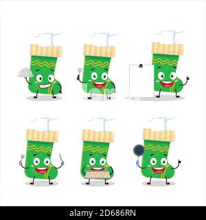 Cartoon-Charakter der grünen weihnachts-Socken mit verschiedenen Chef Emoticons Stock Vektor