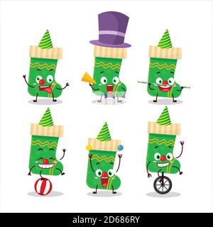 Cartoon-Charakter der grünen weihnachts-Socken mit verschiedenen Zirkus-Shows Stock Vektor