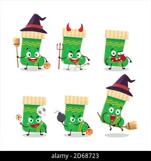 Halloween Ausdruck Emoticons mit Cartoon-Charakter von grünen weihnachts-Socken Stock Vektor