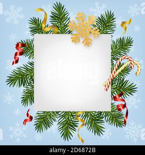 Weihnachten und Neujahr Hintergrund mit realistischen Kiefernästen, Süßigkeiten Stöcke, Serpentin, Glitter Gold Schneeflocke. Vorlage für Weihnachten und Neujahr Stock Vektor