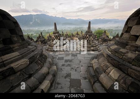 Stupas aus dem buddhistischen Tempel Borobudur auf der Insel Java, Indonesien Stockfoto