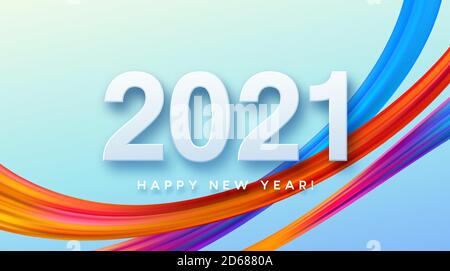 Bunte Brushstroke Farbe Schriftzug Kalligraphie von 2021 Happy New Year Hintergrund. Vektorgrafik Stock Vektor