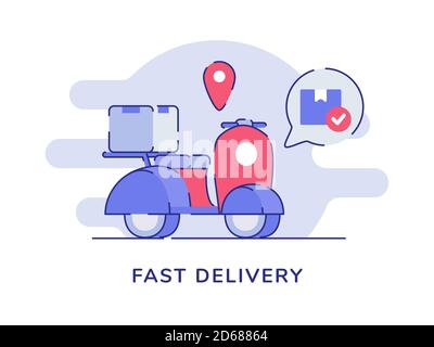 Schnelle Lieferung Konzept Box Paket auf Roller Punkt Lage weiß Isolierter Hintergrund mit flacher Umrandung Stock Vektor