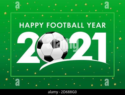 Happy Football Year 2021 mit Text und Fußball auf grünem Hintergrund. Frohe Weihnachten Vektor-Illustration mit 2, Ball & 21 Zahlen, Einladungskarte Stock Vektor