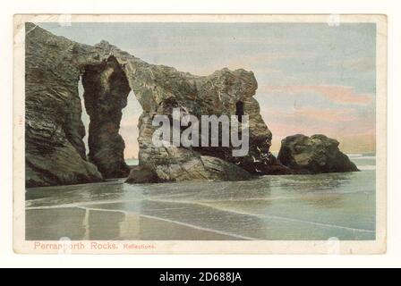 Anfang des 20. Jahrhunderts getönte Postkarte von Retreat Rocks mit dem Titel 'Perranporth Rocks, Reflections' 1908, Perranporth, Cornwall, England, Großbritannien Stockfoto
