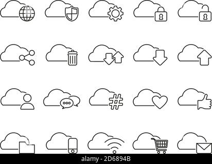 Cloud Service Thin Line Set Groß Stock Vektor