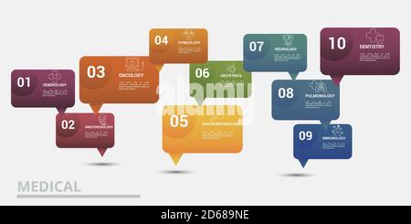 Infografik Medizinische Vorlage. Symbole in verschiedenen Farben. Schließen Sie Venerologie, Anästhesiologie, Onkologie, Gynäkologie und andere ein. Stock Vektor