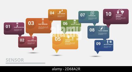 Infografik Sensorvorlage. Symbole in verschiedenen Farben. Einschließlich Wasserqualitätssensor, Flammenmelder, Rauchmelder, Alkoholsensor und andere. Stock Vektor