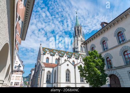 Altstadt von St. Gallen und St. Laurenzen Kirche, Schweiz Stockfoto