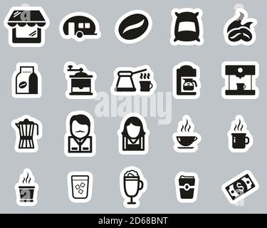 Coffee Shop Icons Schwarz & Weiß Aufkleber Set Groß Stock Vektor
