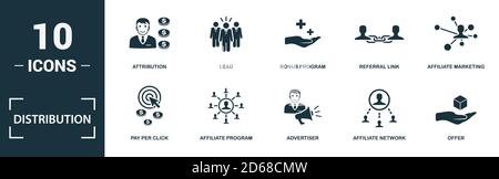 Verteilungssymbol eingestellt. Monochrom-Zeichen Sammlung mit Pay per click, Affiliate-Programm, Inserent, Affiliate-Netzwerk und über Symbole. Verteilung Stock Vektor