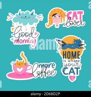 Sticker und Labels mit witzigen trendigen Elementen und Katzen Stock Vektor
