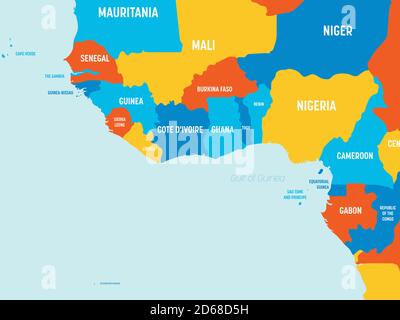 Karte Westafrika - 4 helle Farbtöne. Hoch detaillierte politische Karte von westafrika und Bucht von Guinea Region mit Land, Meer und Meer Namen Kennzeichnung. Stock Vektor