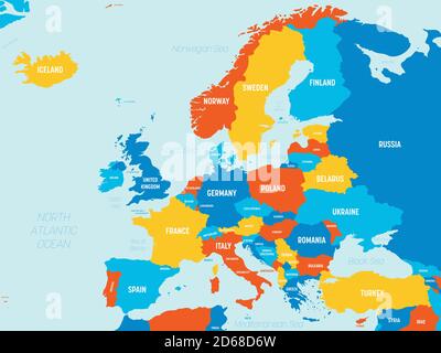 Europakarte - 4 helle Farbgebung. Hoch detaillierte politische Karte des europäischen Kontinents mit Land-, Meer- und Meeresnamen Kennzeichnung. Stock Vektor