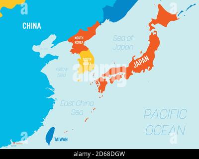 Ostasien-Karte - in 4 hellen Farben. Hoch detaillierte politische Karte der östlichen Region mit Land, Meer und Meer Namen Kennzeichnung. Stock Vektor