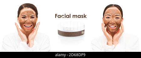 Schlammmaske. Zwei schöne Frauen mit Gesichtsmasken, lächelnd. Stockfoto