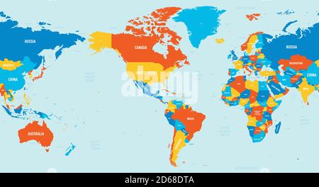 Weltkarte - Amerika im Zentrum. 4 helle Farbtöne. Hoch detaillierte politische Karte der Welt mit Land, Meer und Meer Namen Kennzeichnung. Stock Vektor