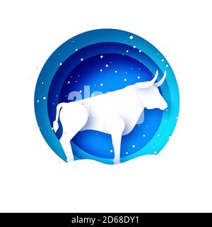 Bullenneujahr. Frohes neues Jahr. Bulle, Ochse, Kuh. 2021 Lunar Horoskop Zeichen in Papier geschnitten Stil. Blau. Winterurlaub. Stock Vektor