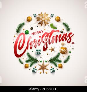 Frohe Weihnachten und ein glückliches neues Jahr Grußkarte. Weihnachtskranz-Design mit festlichen Weihnachtsschmuck Ornamenten und Objekten. Vektorgrafik Stock Vektor