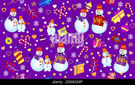 Wintermuster mit Schneemännern, Schneeflocken und Geschenken. Familie Schneemann auf dunkelviolettem Hintergrund. Vektor Nahtloses Muster. Kann für Weihnachtskarten oder Geschenkpapier verwendet werden. Stock Vektor