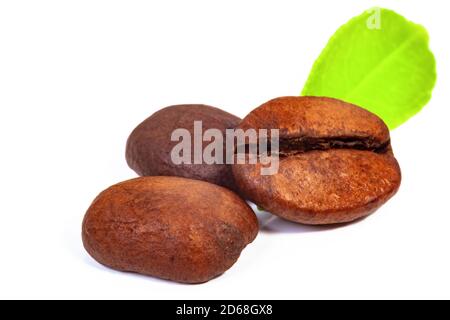 Drei geröstete Kaffeebohnen und grünes Blatt Stockfoto