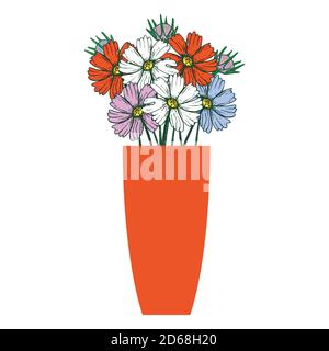 Bouquet von cosmea Blumen in einer Vase, Zeichnung Vektor-Illustrationen und Cliparts. Stock Vektor