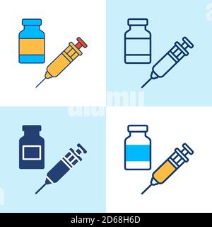 Symbolsatz für Impfstoffflasche und Spritze im Linienstil Stock Vektor