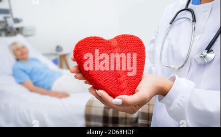 Nahaufnahme der Hände des Arztes und des Herzmodells. Kardiologie, im Hintergrund liegt eine ältere Frau auf einem Krankenhausbett. Herzinfarkt, Patientenversorgung Stockfoto