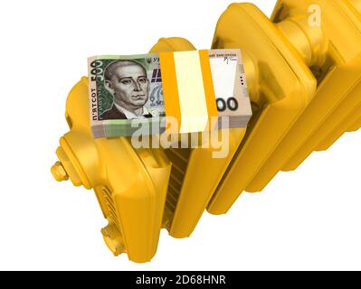 Heizkosten in ukrainischer Währung. Ein goldener Heizkörper mit Packung von 500 ukrainischen Griwna, isoliert auf weißem Hintergrund. 3D-Illustration Stockfoto