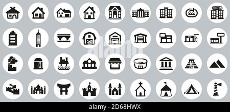 Geschäfts- Und Wohngebäude Icons Black & White Flat Design Kreis groß gesetzt Stock Vektor