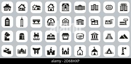 Geschäfts- Und Wohngebäude Icons Black & White Flat Design Set groß Stock Vektor