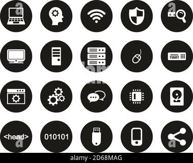 Computer Programmierung Symbole Weiß Auf Schwarz Flat Design Kreis Gesetzt Groß Stock Vektor