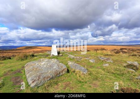 Triangulationssäule am White Edge bei Kalver, Derbyshire, Peak District National Park, England, Großbritannien. Stockfoto
