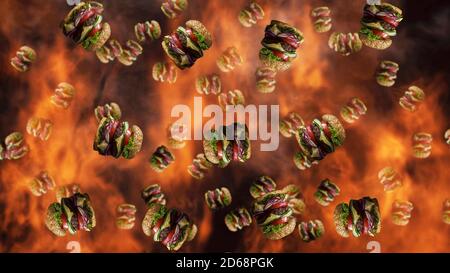 Hamburger fallen mit Rauch und brennendem Feuer im Hintergrund. Sonderangebot für Fast Food-Menüs Stockfoto