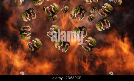 Hamburger fallen mit Rauch und brennendem Feuer im Hintergrund. Sonderangebot für Fast Food-Menüs Stockfoto