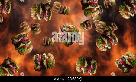 Hamburger fallen mit Rauch und brennendem Feuer im Hintergrund. Sonderangebot für Fast Food-Menüs Stockfoto